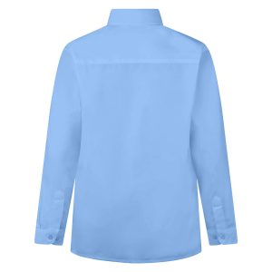 Rear view of a blue button-up collard shirt with long sleeves.