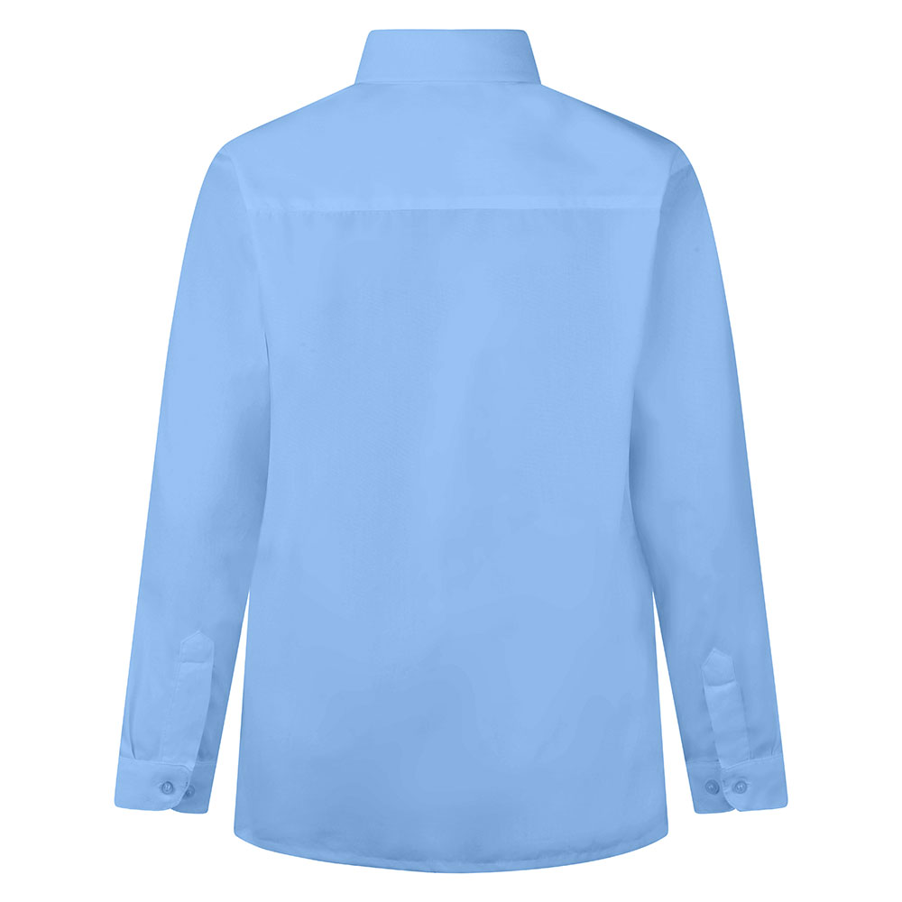 Rear view of a blue button-up collard shirt with long sleeves.