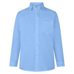 Frontal view of a blue button-up collard shirt with long sleeves.