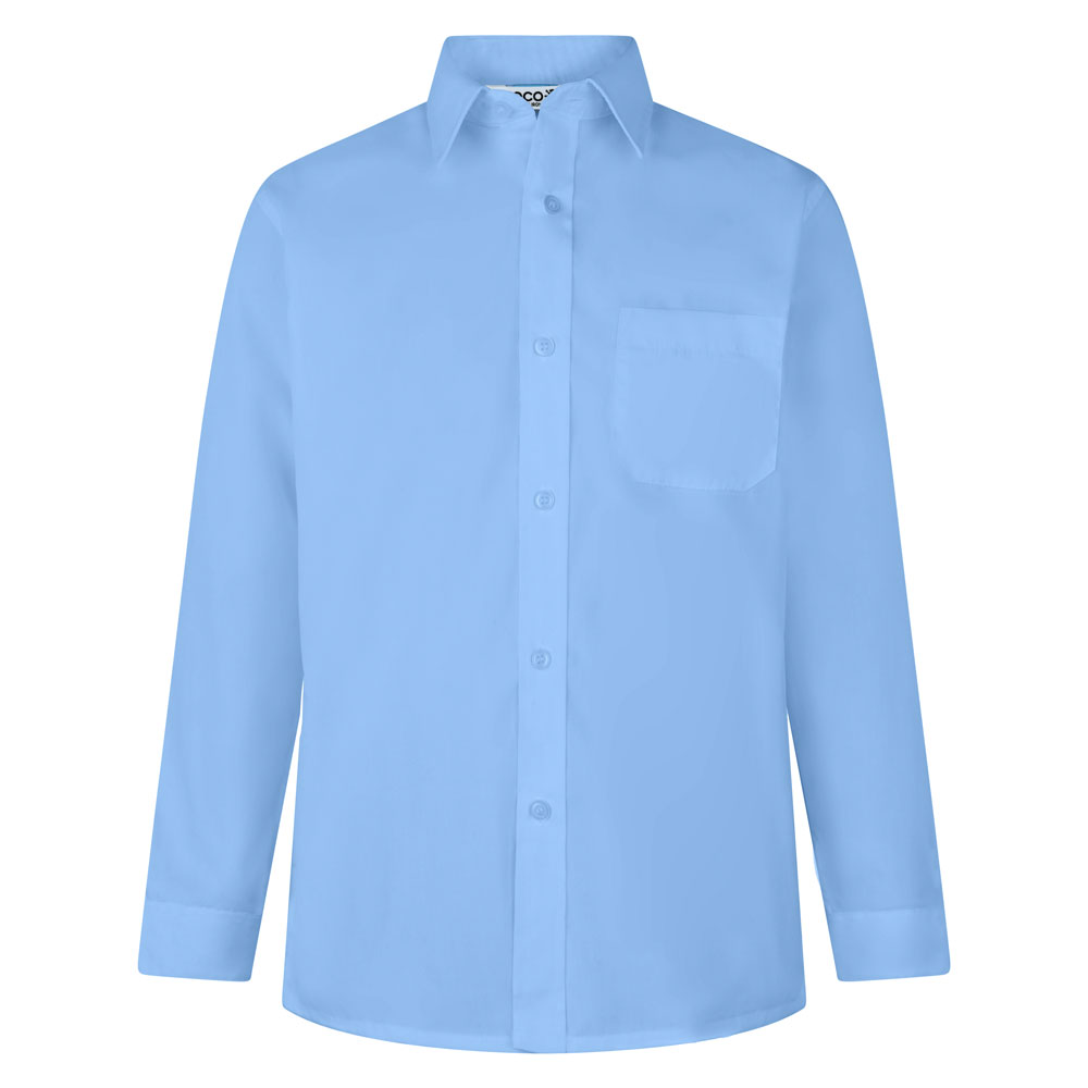 Frontal view of a blue button-up collard shirt with long sleeves.