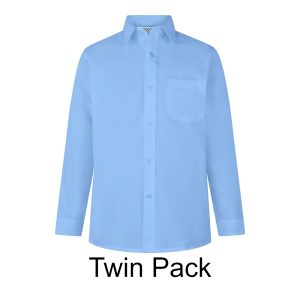 Frontal view of a blue button-up collard shirt with long sleeves. Black text below reads: "Twin Pack"