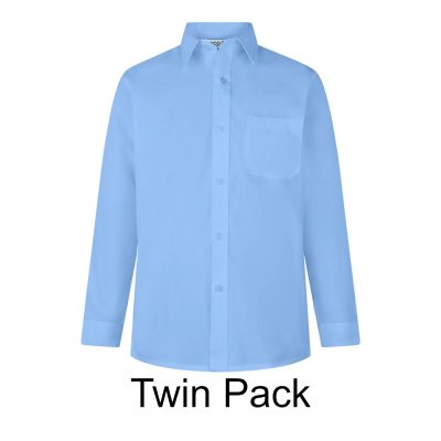 Frontal view of a blue button-up collard shirt with long sleeves. Black text below reads: "Twin Pack"
