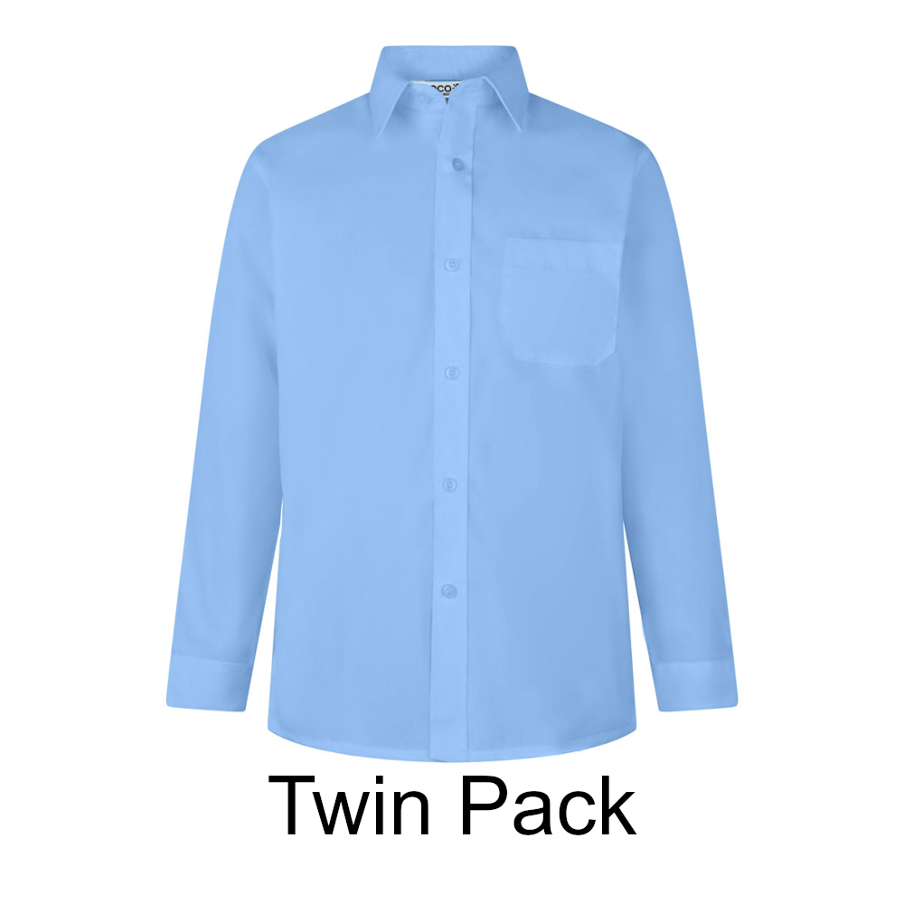 Frontal view of a blue button-up collard shirt with long sleeves. Black text below reads: "Twin Pack"