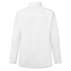 Rear view of a white button-up collard shirt with long sleeves.
