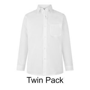 Frontal view of a white button-up collard shirt with long sleeves. Black text below reads: "Twin Pack"
