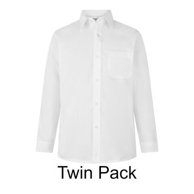 Frontal view of a white button-up collard shirt with long sleeves. Black text below reads: "Twin Pack"