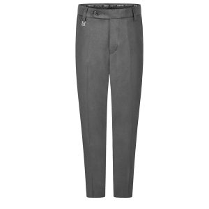 Frontal view of grey senior slim fit boys trousers.