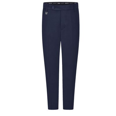 Frontal view of navy senior slim fit boys trousers.