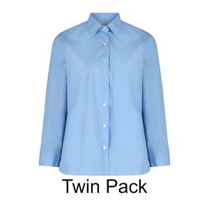 Frontal view of a blue button-up collard blouse with long sleeves. Black text below reads: "Twin Pack"