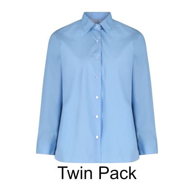 Frontal view of a blue button-up collard blouse with long sleeves. Black text below reads: "Twin Pack"