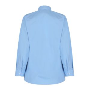 Rear view of a blue button-up collard blouse with long sleeves.