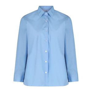 Frontal view of a blue button-up collard blouse with long sleeves.