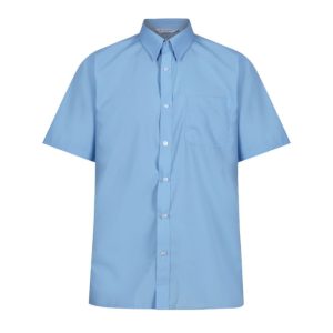 Frontal view of a blue button-up collared shirt.