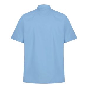Rear view of a blue button-up collared shirt.