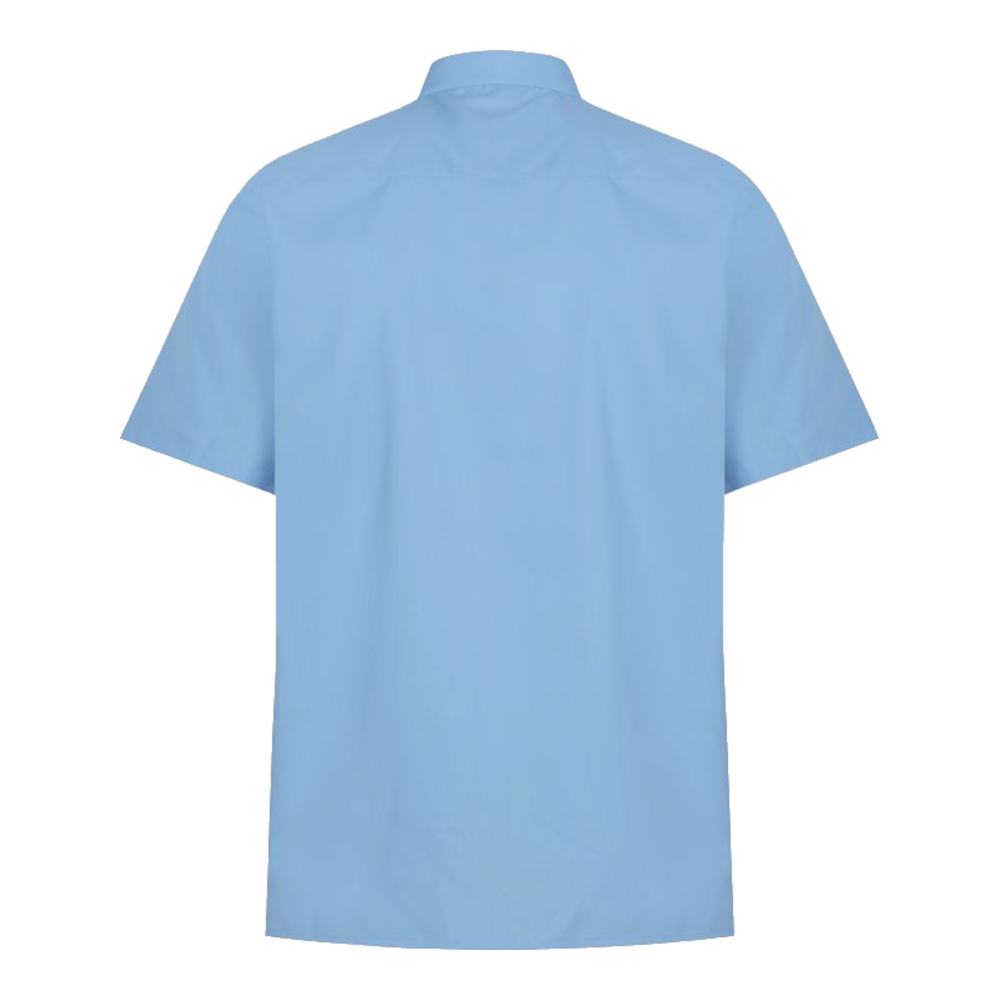 Rear view of a blue button-up collared shirt.