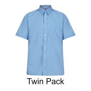 Frontal view of a blue button-up collared shirt