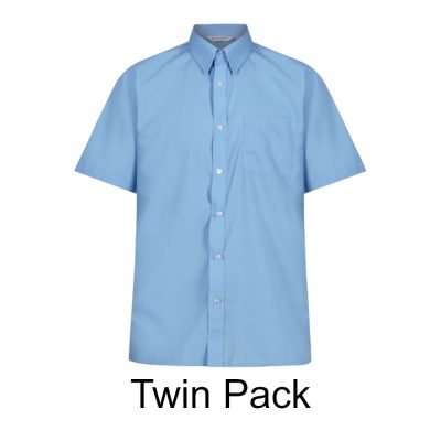 Frontal view of a blue button-up collared shirt