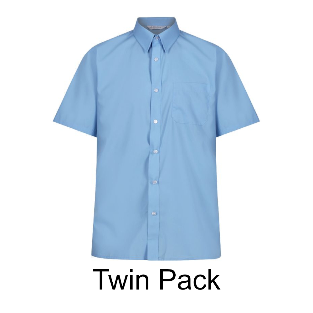 Frontal view of a blue button-up collared shirt