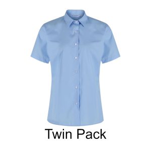 Frontal view of a blue button-up collard blouse with short sleeves. Black text below reads: "Twin Pack"