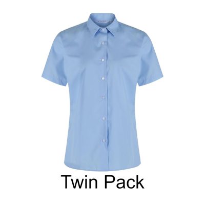 Frontal view of a blue button-up collard blouse with short sleeves. Black text below reads: "Twin Pack"