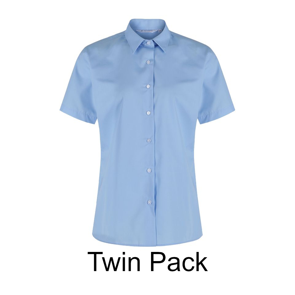 Frontal view of a blue button-up collard blouse with short sleeves. Black text below reads: "Twin Pack"