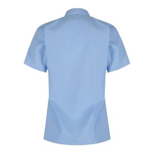 Rear view of a blue button-up collard blouse with short sleeves.