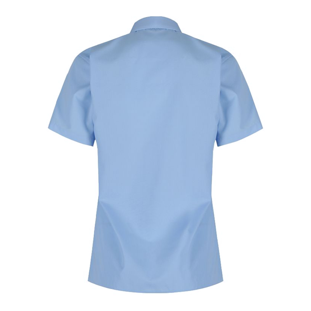 Rear view of a blue button-up collard blouse with short sleeves.