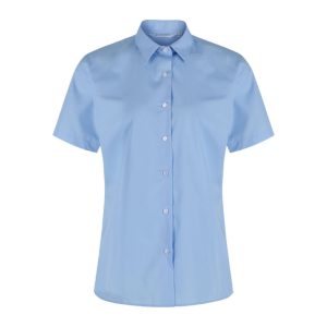 Frontal view of a blue button-up collard blouse with short sleeves.