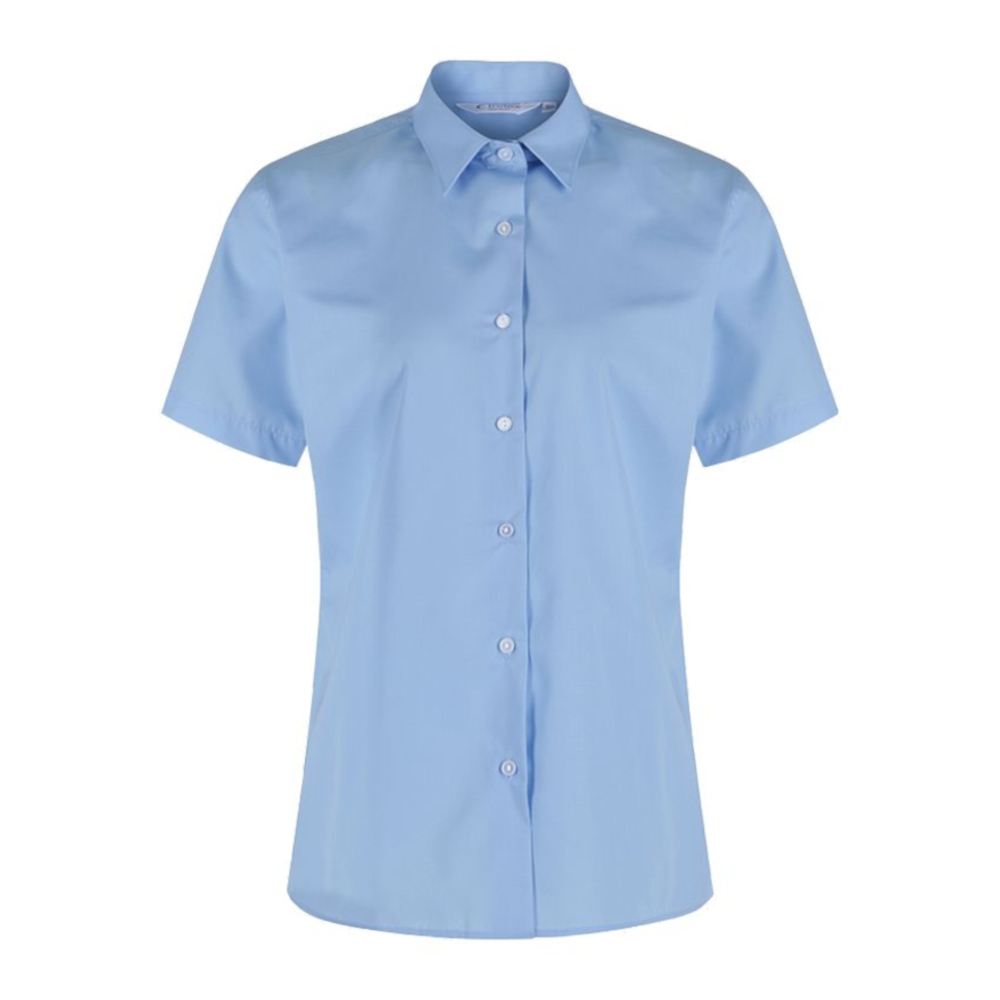 Frontal view of a blue button-up collard blouse with short sleeves.