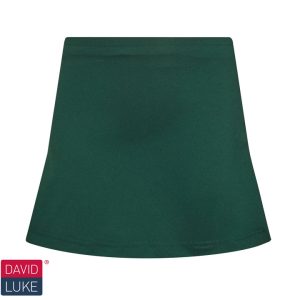 Frontal view of a plain bottle green PE skort.