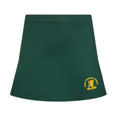 Frontal view of a bottle green PE skort with the Little Common emblem embroidered on the front.