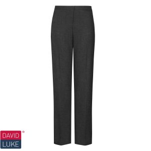 Frontal view of black regular-fit girls' trousers. The David Luke logo is in the bottom left of the image.