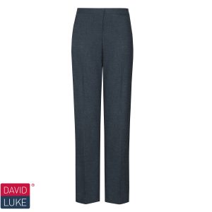 Frontal view of navy regular-fit girls' trousers. The David Luke logo is in the bottom left of the image.