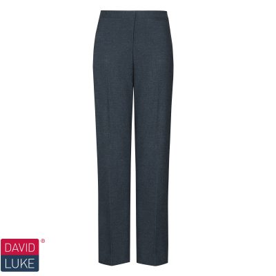 Frontal view of navy regular-fit girls' trousers. The David Luke logo is in the bottom left of the image.