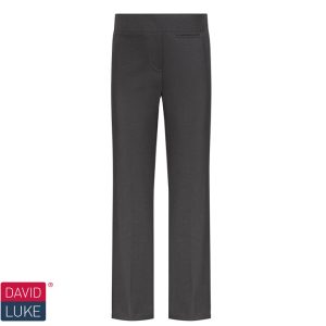 Frontal view of black junior slim-fit girls' trousers. The David Luke logo is in the bottom left of the image.