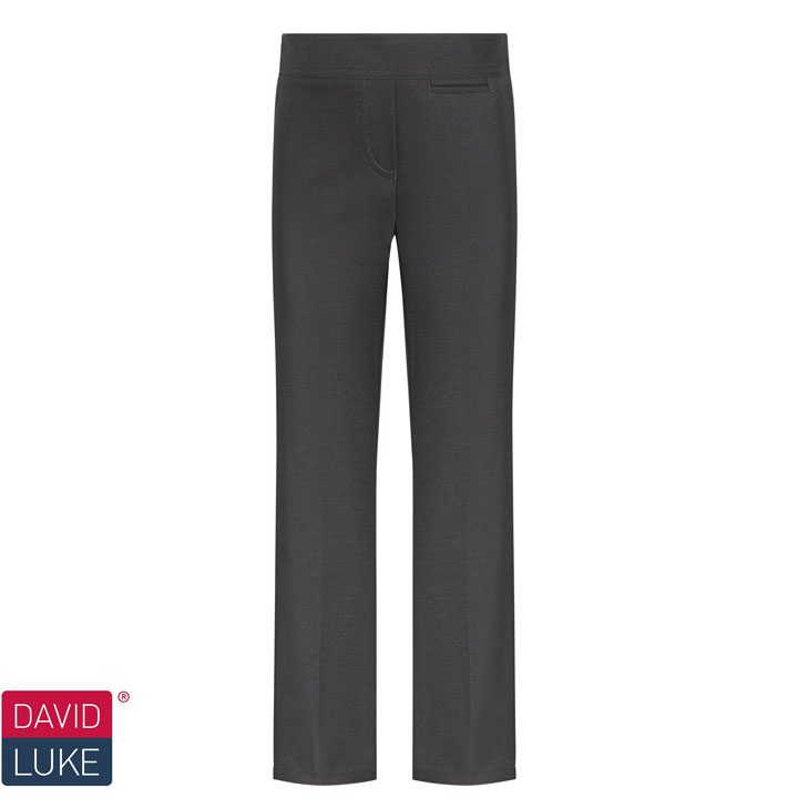 Frontal view of black junior slim-fit girls' trousers. The David Luke logo is in the bottom left of the image.