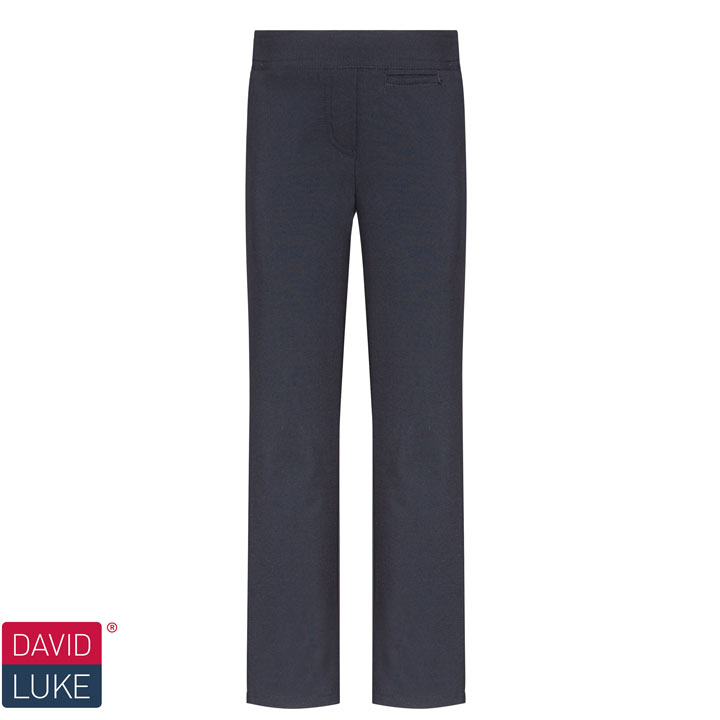 Frontal view of navy junior slim-fit girls' trousers. The David Luke logo is in the bottom left of the image.