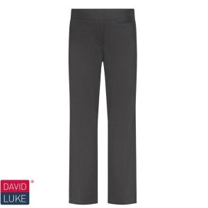 Frontal view of black junior regular-fit girls' trousers. The David Luke logo is in the bottom left of the image.