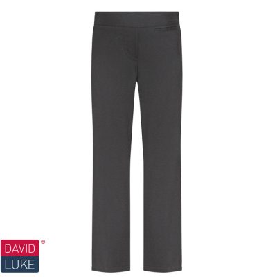 Frontal view of black junior regular-fit girls' trousers. The David Luke logo is in the bottom left of the image.