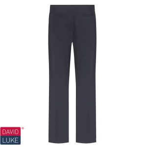 Frontal view of navy junior regular-fit girls' trousers. The David Luke logo is in the bottom left of the image.