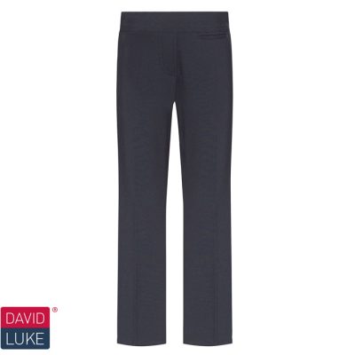 Frontal view of navy junior regular-fit girls' trousers. The David Luke logo is in the bottom left of the image.
