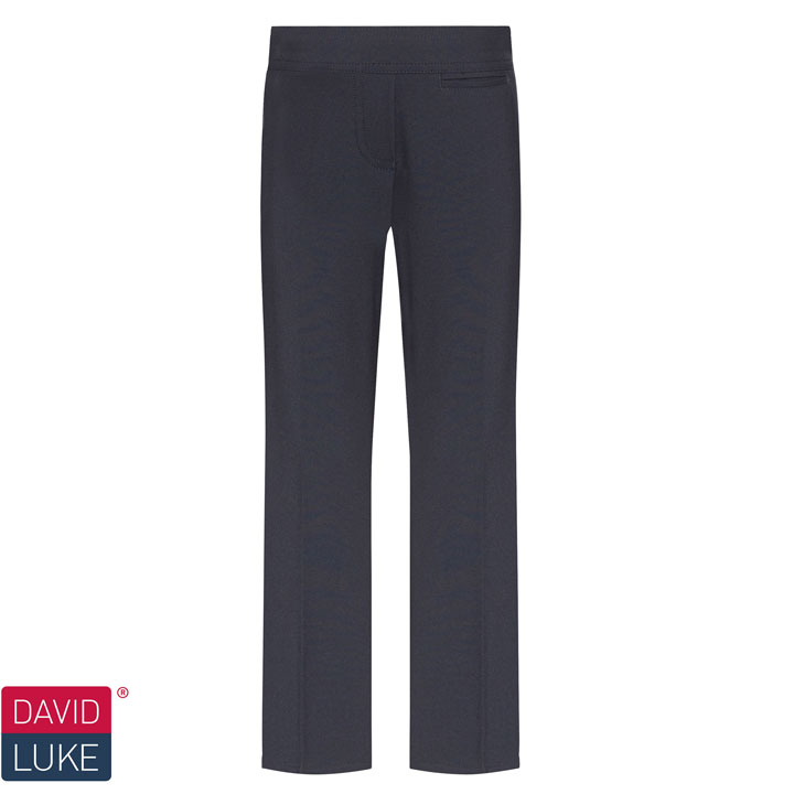 Frontal view of navy junior regular-fit girls' trousers. The David Luke logo is in the bottom left of the image.