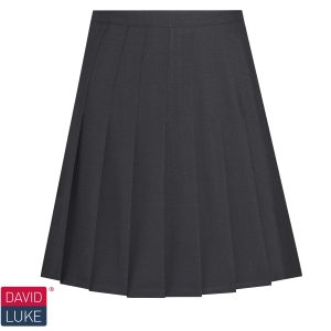 Frontal view of a black stitched-down pleated skirt. David Luke's logo is in the bottom-left of the image.