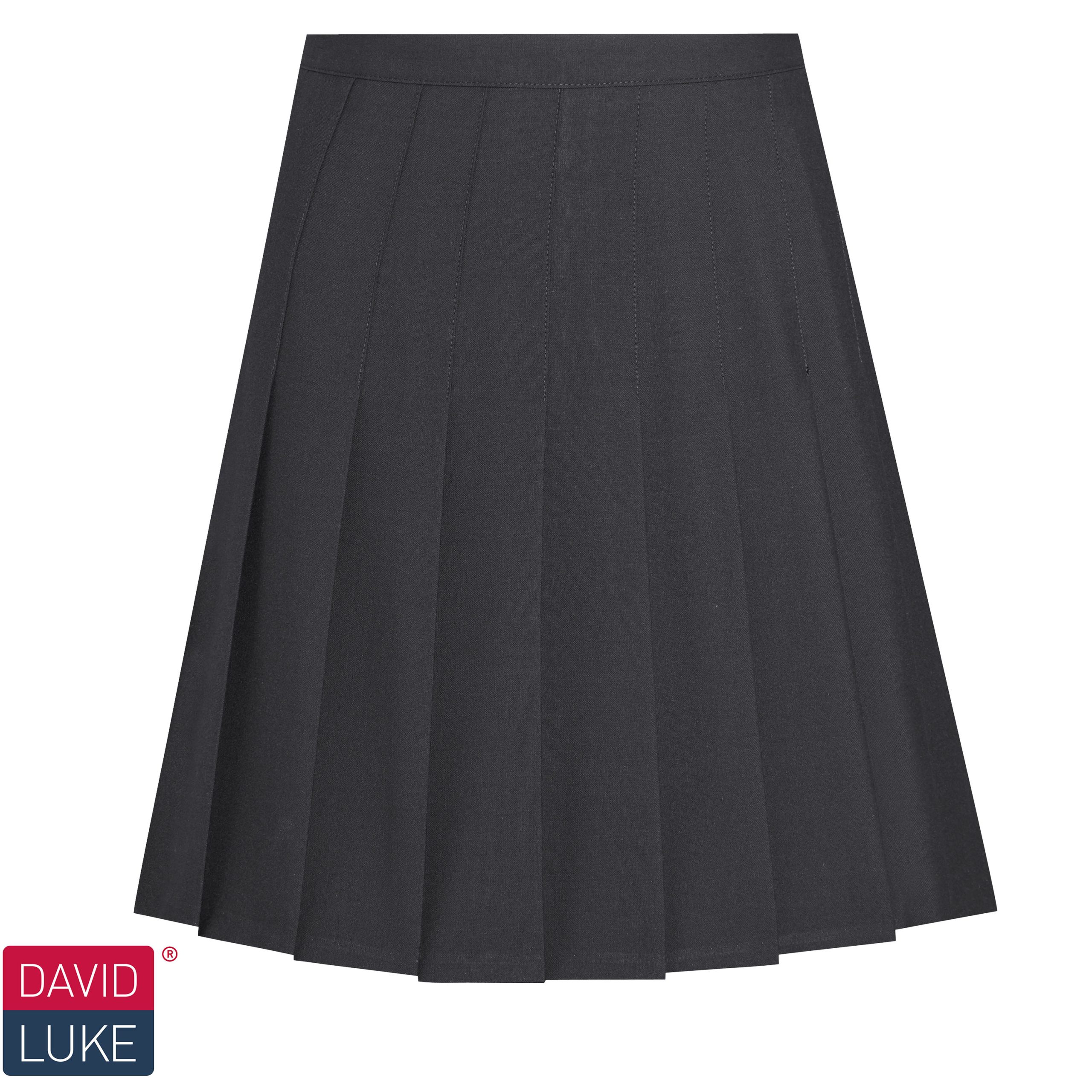 Frontal view of a black stitched-down pleated skirt. David Luke's logo is in the bottom-left of the image.