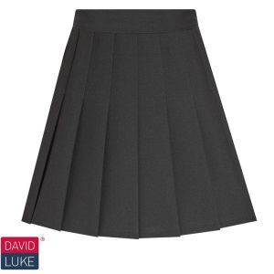 Frontal view of a junior black stitched-down pleated skirt. David Luke's logo is in the bottom-left of the image.