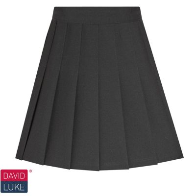 Frontal view of a junior black stitched-down pleated skirt. David Luke's logo is in the bottom-left of the image.