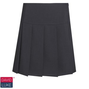 Frontal view of a black panel pleated skirt. David Luke's logo is in the bottom-left of the image.
