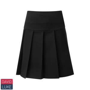 Frontal view of a junior black panel pleated skirt. David Luke's logo is in the bottom-left of the image.