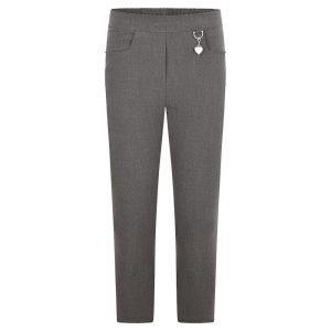 Frontal view of girls' grey school trousers.