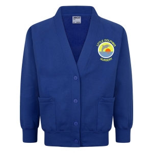 Frontal view of a royal blue sweatshirt cardigan with the Little Dolphins Nursery logo embroidered on the left breast.
